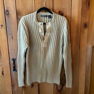 Men’s cable pullover sweater with button opening neck